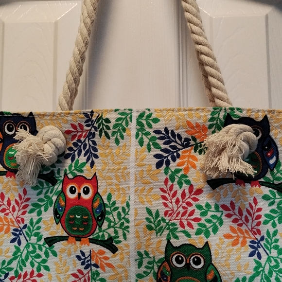 Canvas tote travel market bag owls rope handle zip closure red green yellow blue - Picture 1 of 12